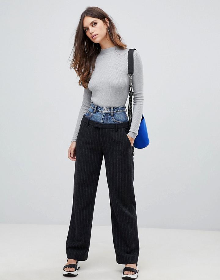 Miss Sixty Pinstripe Wool Pants With Denim Waistband - Gray