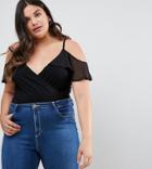 Asos Curve Cami Body With Contrast Woven Ruffle Cold Shoulder - Black