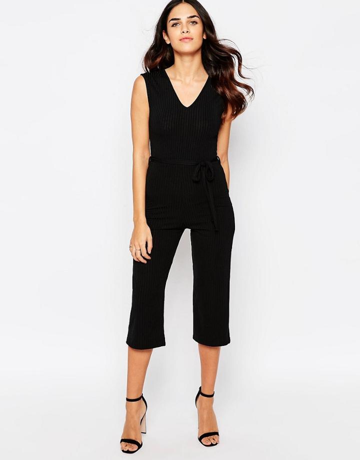 Club L Ribbed Culotte Jumpsuit With Belt Detail - Black