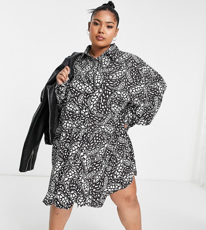 Glamorous Curve Relaxed Shirt Dress In Monochrome Print-multi