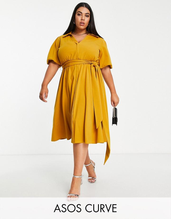 Asos Design Curve Wrap Midi Dress With Fringing Detail In Burnt Orange