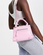Asos Design Studded Winged Tote Bag With Top Handle And Detachable Crossbody Strap In Pink Croc