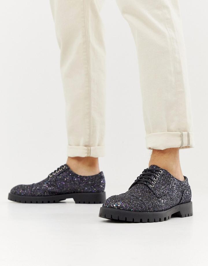 Truffle Collection Glitter Lace Up Shoe In Petrol-silver