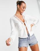 Asos Design Satin Tie Front Blouse With Lace Insert In Cream-white