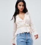 Asos Design Petite Wrap Top With Ruffle And Lace Insert In Cream - Cream