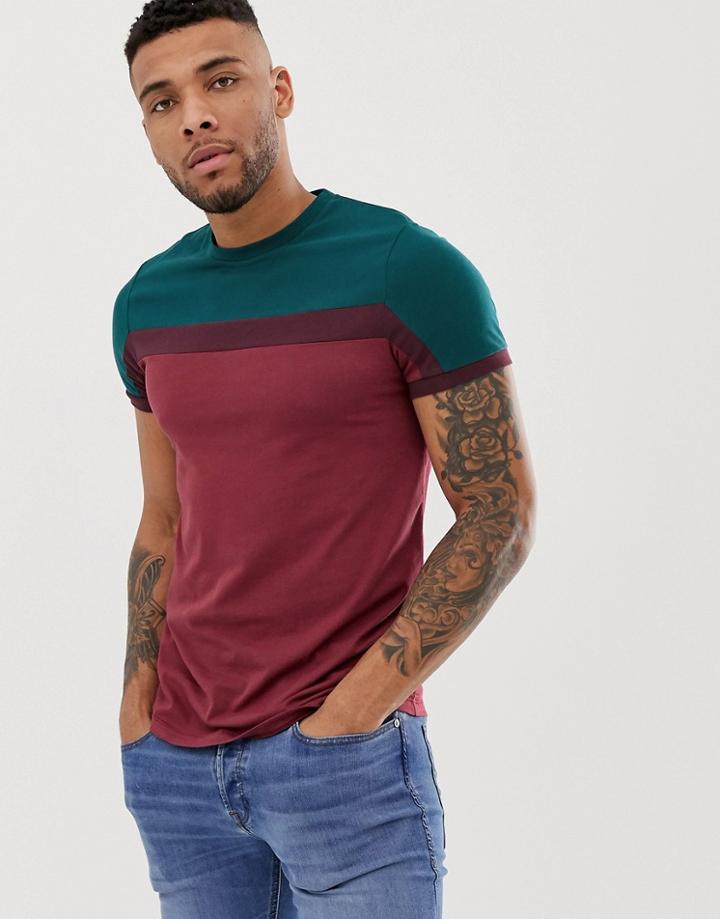 Asos Design T-shirt With Color Block In Red-purple