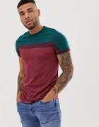 Asos Design T-shirt With Color Block In Red-purple