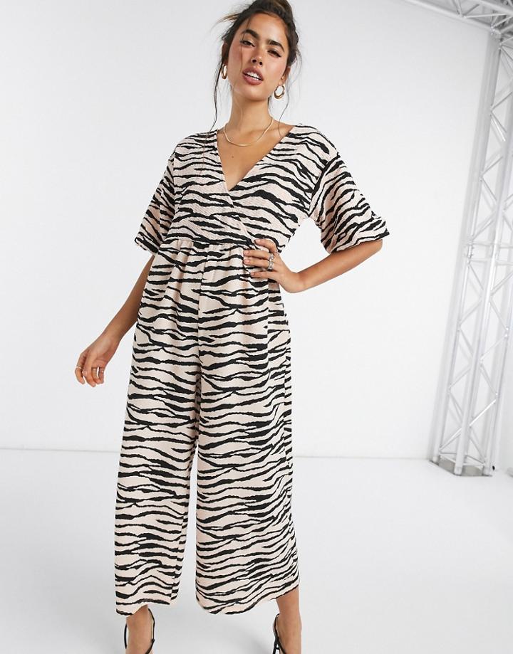Asos Design Jersey Wrap Smock Textured Jumpsuit In Animal Print-multi
