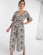 Asos Design Jersey Wrap Smock Textured Jumpsuit In Animal Print-multi