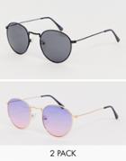Asos Design Round Sunglasses 2 Pack With Gold Frames And Purple Grad Lenses Save - Gold