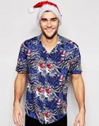 Asos Holidays Shirt With Surfing Santa Print In Short Sleeve - Blue