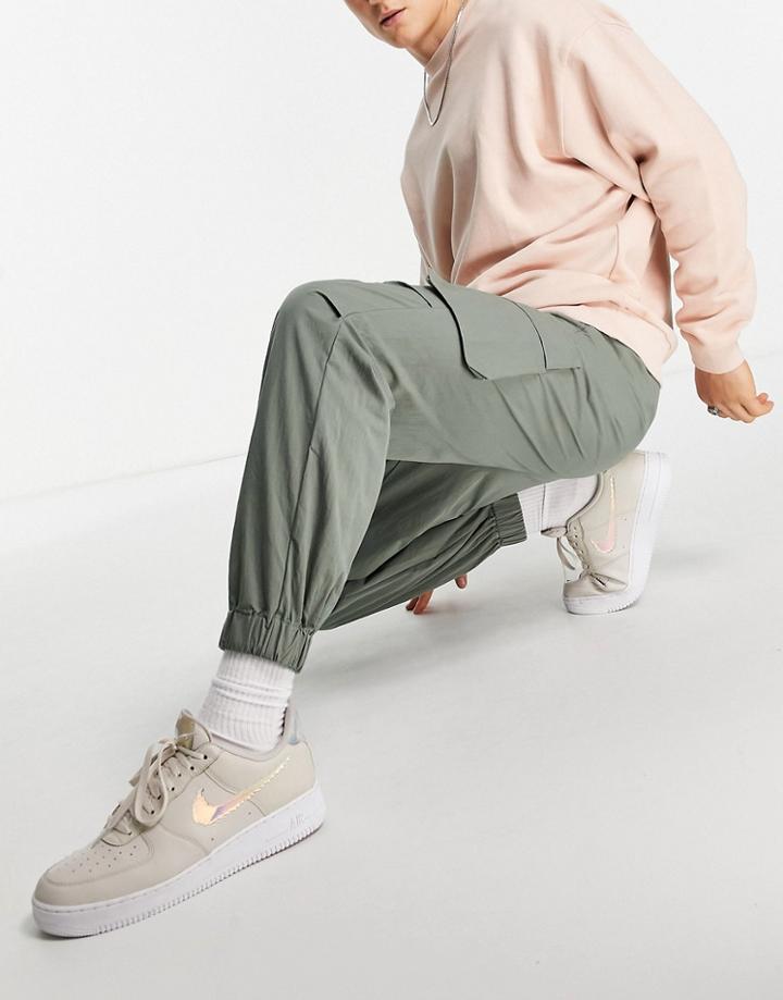 Asos Design Oversized Tapered Cargo Pants In Khaki-green