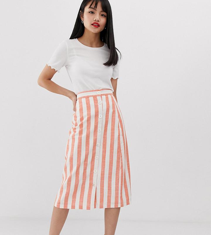 Glamorous Petite Button Front Midi Skirt In Natural Stripe