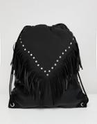 Asos Design Festival Drawstring Backpack In Black With Geo-tribal And Studs - Black