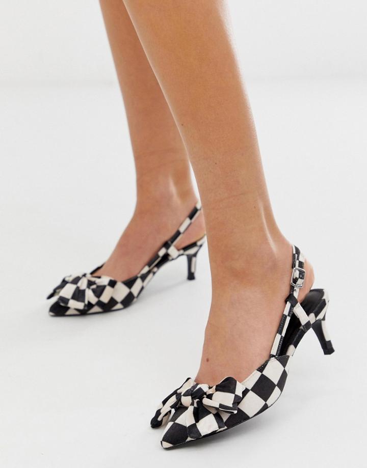 Asos Design Sherry Bow Kitten Heels In Black And White Checkerboard - Multi