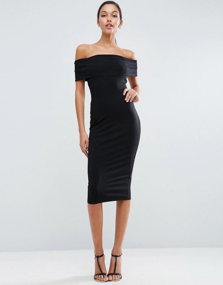 Asos Deep Off The Shoulder Bardot Midi Bodycon Dress - Black
