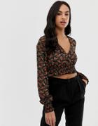Fashion Union Long Sleeved Cropped Blouse With Shirring Detail-black