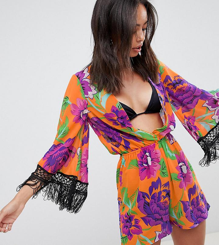 Asos Design Tall Festival Print Fringe Beach Romper - Multi