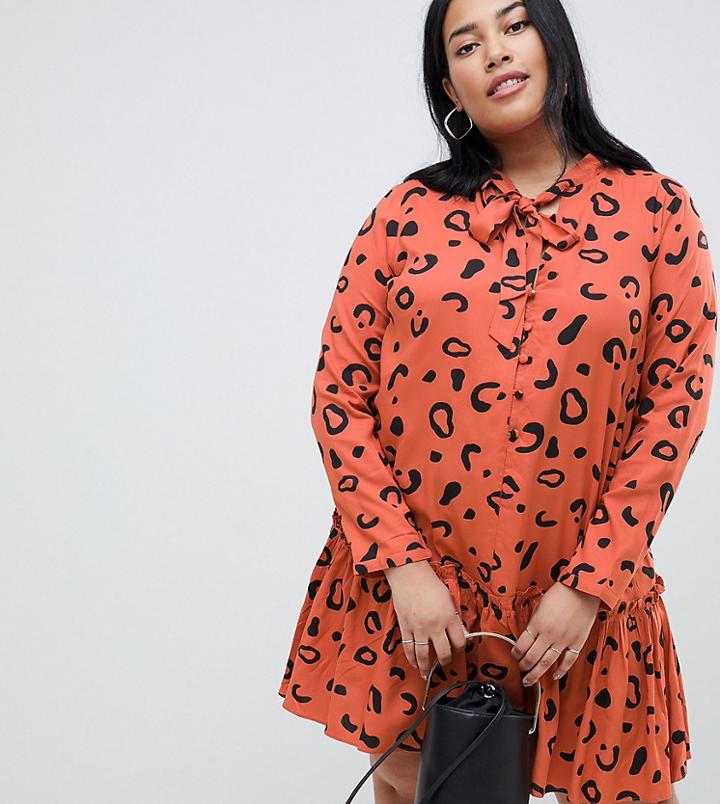 Asos Design Curve Button Front Tie Neck Mini Smock Dress In Rust Leopard - Multi