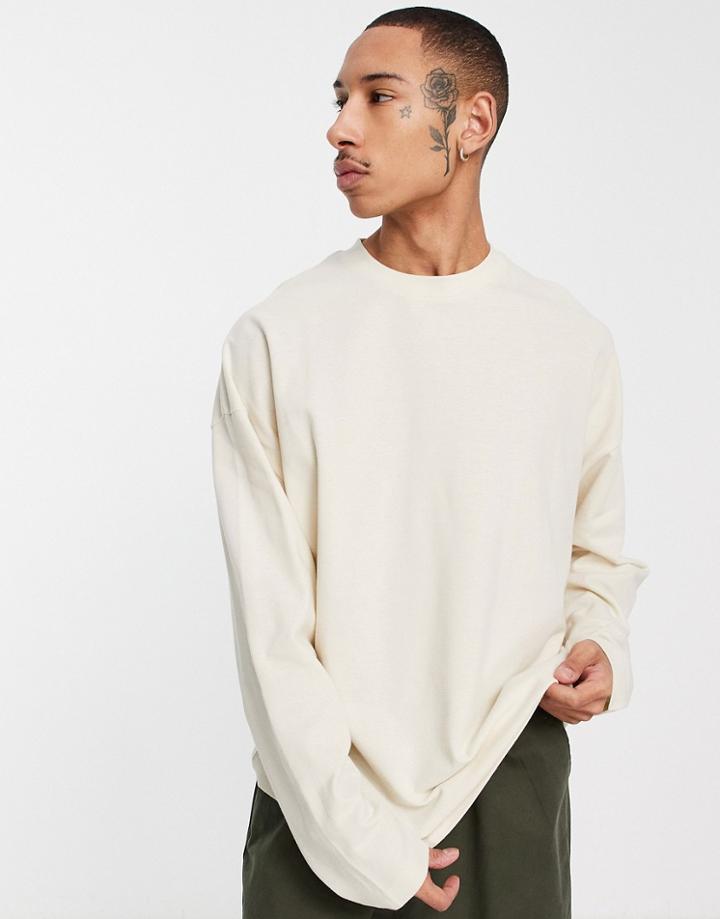 Asos Design Oversized Long Sleeve Pique T-shirt In Beige-white