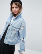 Asos Denim Jacket In Midwash Blue With Rips - Blue