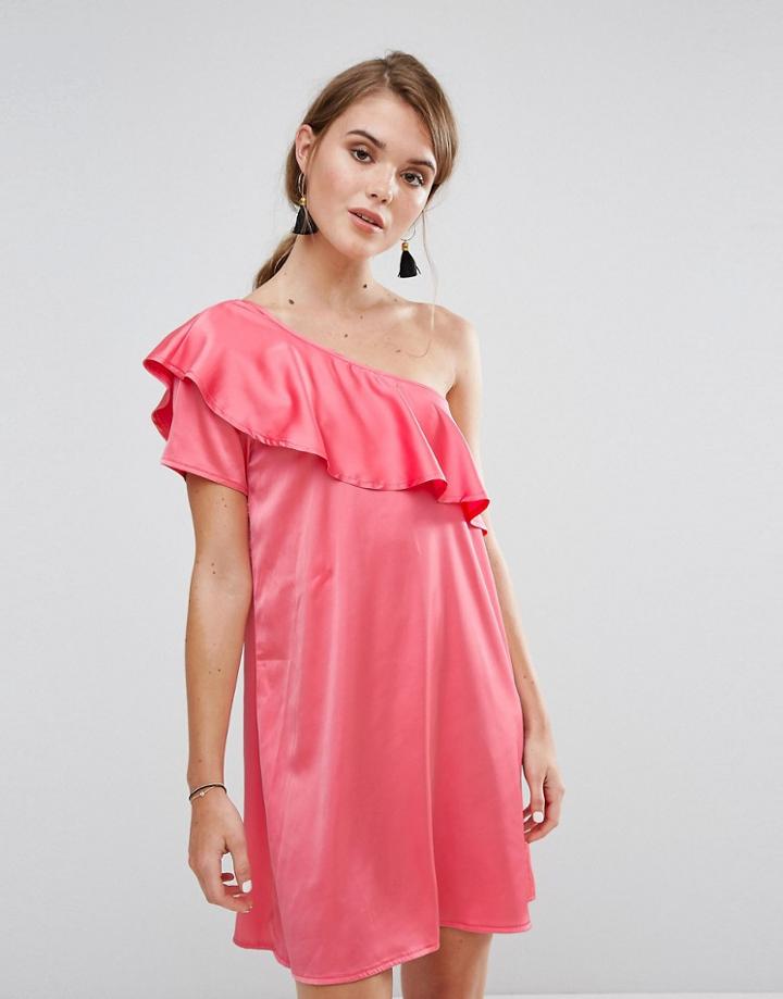 Rage One Shoulder Satin Frill Dress - Pink