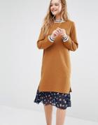 I Love Friday Sweater Dress With Pleated Floral Skirt And Contrast Tipping - Mustard