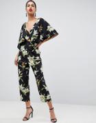Asos Jumpsuit With Kimono Sleeve In Lily Print - Black