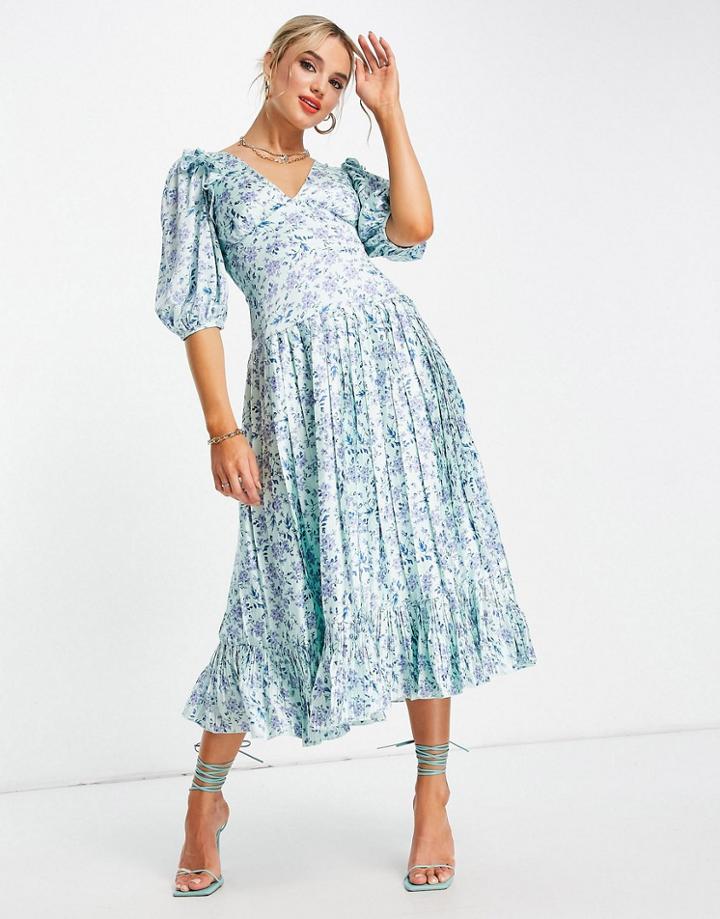 Asos Design Satin Pleated Midi Tea Dress In Blue Ditsy Floral Print-multi