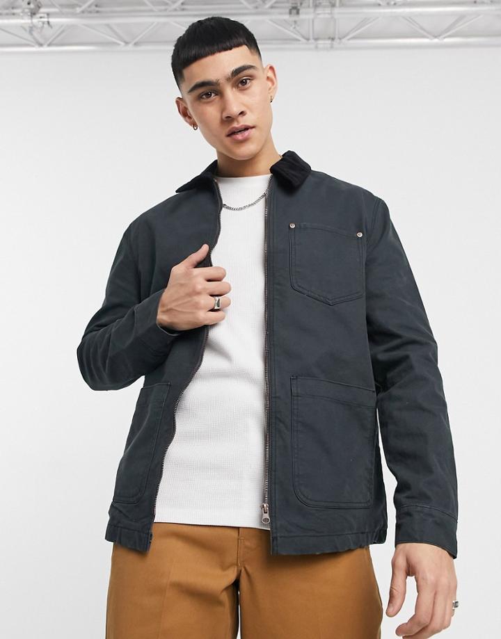 Asos Design Canvas Barn Jacket With Cord Collar In Black