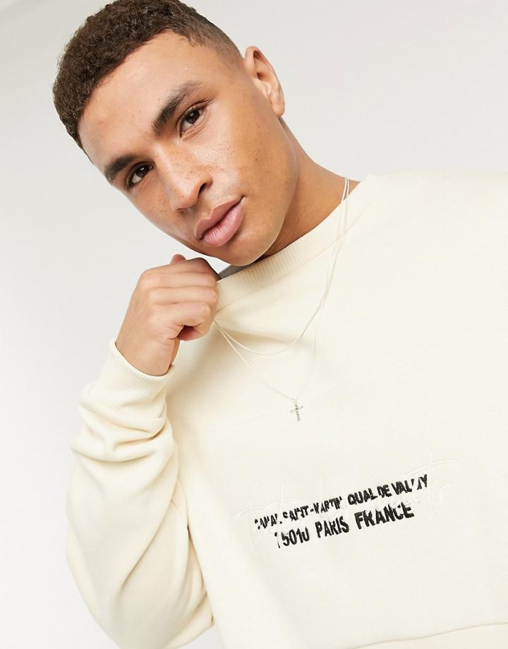 Asos Design Oversized Sweatshirt With Reverse Fleece Printed Panel In Off White-neutral