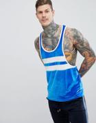 Asos Design Extreme Racer Back Tank With Contrast Body Stripe And Binding In Blue Velour - Blue