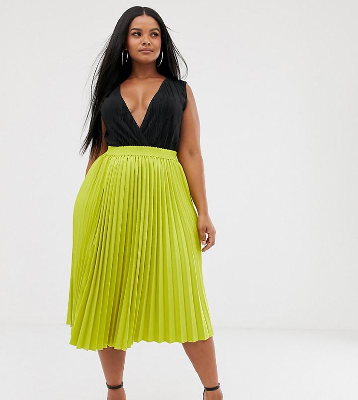 Outrageous Fortune Plus Pleated Midi Skirt In Lime-green