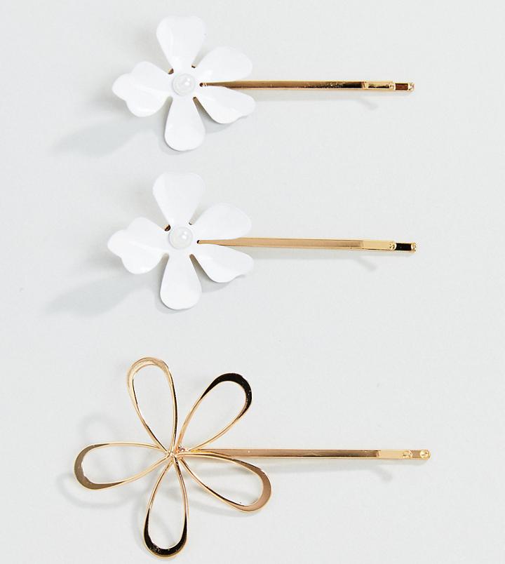 Asos Design Pack Of 3 Colored Metal Floral Hair Clips - Gold