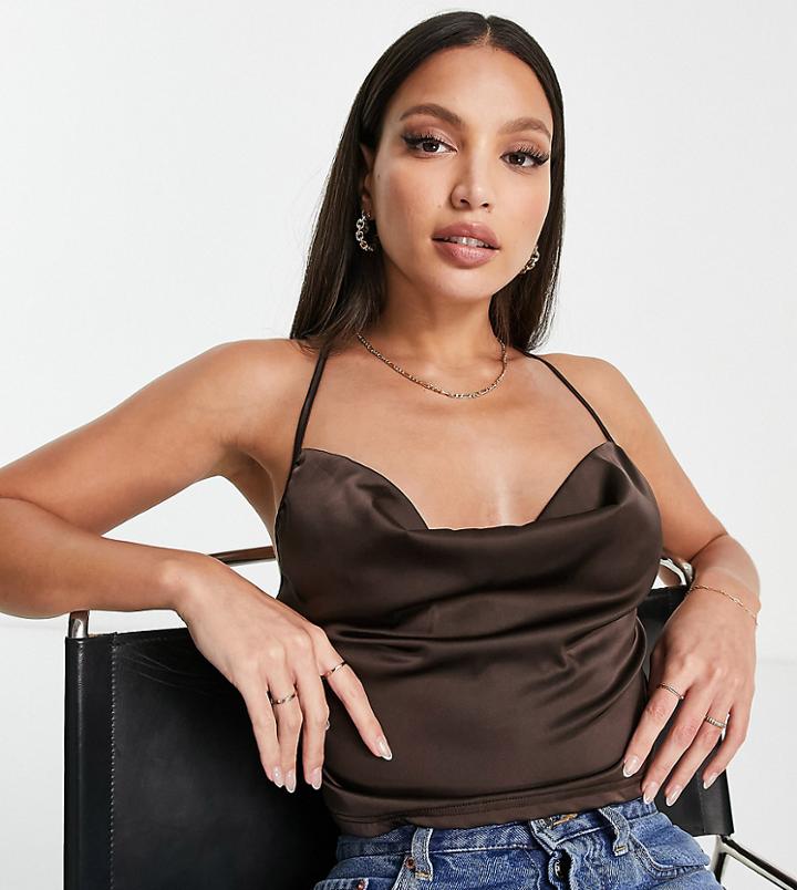 Parisian Tall Satin Cami Strap Top With Cowl Neck In Chocolate Brown