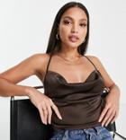 Parisian Tall Satin Cami Strap Top With Cowl Neck In Chocolate Brown