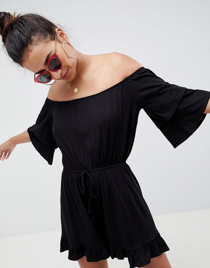 Asos Design Off Shoulder Jersey Romper With Frill Hem - Black