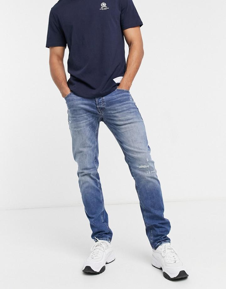 Jack & Jones Intelligence Glenn Super Stretch Slim Jeans With Abrasions In Midwash Blue-blues