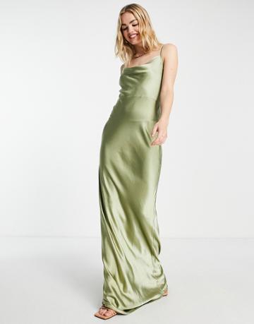 Pretty Lavish Bridesmaid Keisha Satin Maxi Dress In Olive-green