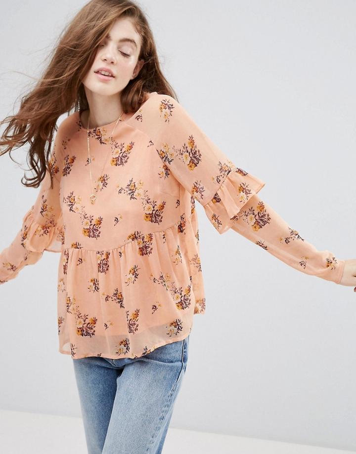 Pieces Floral Ruffle Top - Pink