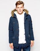 Brave Soul Parka Jacket Faux Fur Hood - Blue