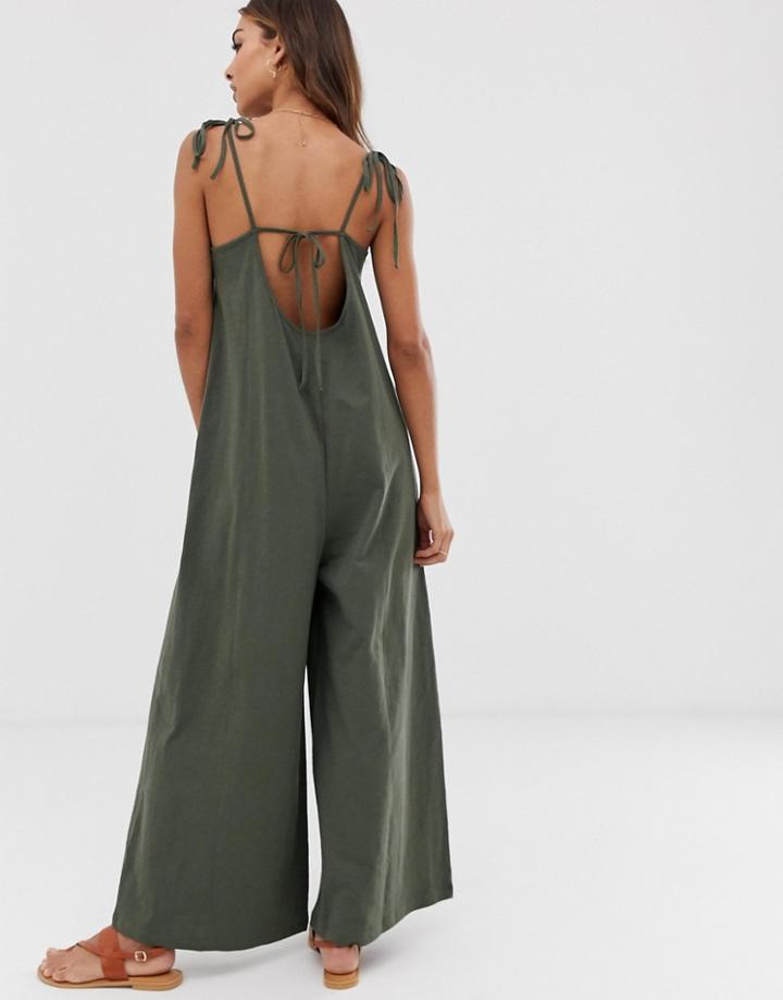 Asos Design Minimal Jumpsuit With Tie Back In Linen Look - Green