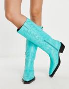 Topshop Texas Premium Leather Knee High Western Boot In Turquoise-blue