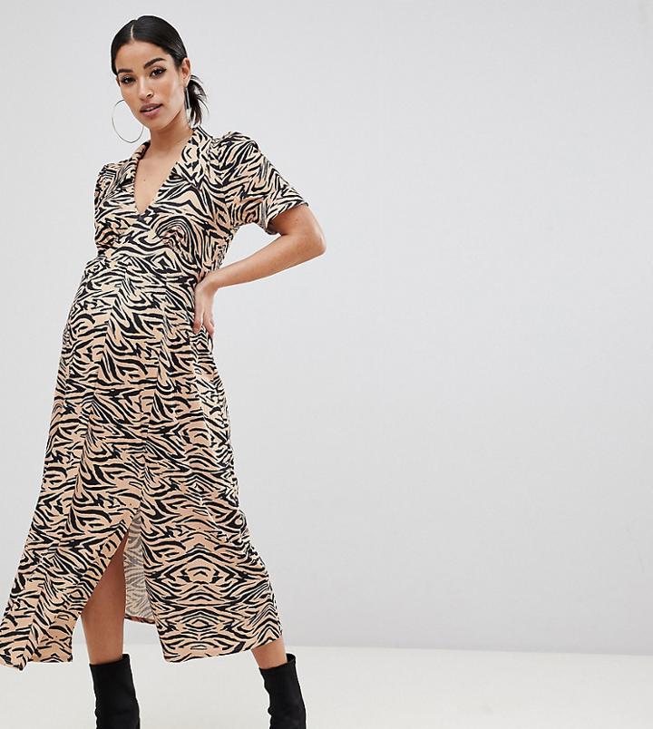 Asos Design Maternity Animal Print Midi Tea Dress In Rib - Multi