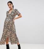 Asos Design Maternity Animal Print Midi Tea Dress In Rib - Multi