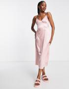 The Frolic Cami Midi Dress With Tie Back Detail In Soft Satin Spot-pink