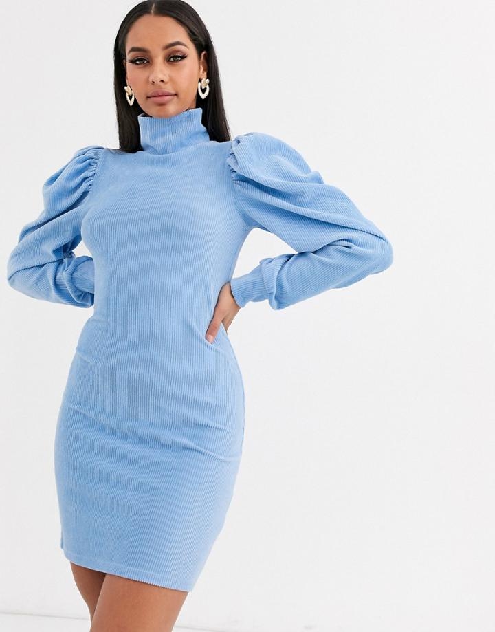 Asos Design High Neck Puff Sleeve Dress In Cord-blue