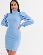 Asos Design High Neck Puff Sleeve Dress In Cord-blue