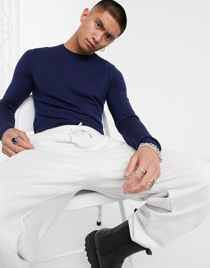 Asos Design Muscle Fit Merino Wool Crew Neck Sweater In Navy