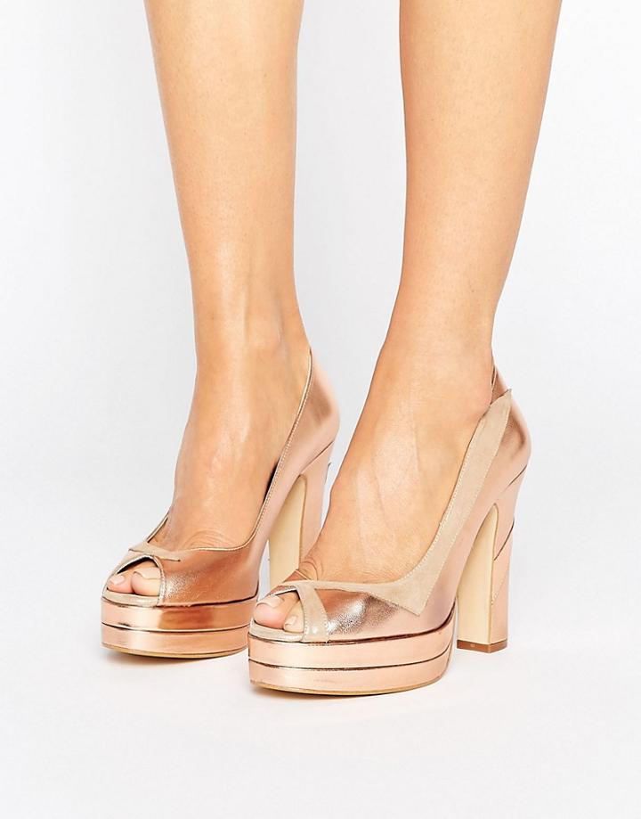 Terry De Havilland Luna Blush Leather Peeptoe Platform Heeled Shoes - Copper